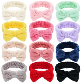 12 Pack Solid Super Soft Stretchy Flannel Big Bow Headbands for Washing Face Makeup Shower Skin Care Spa Hair Bands Headwraps for Women Girls Teens