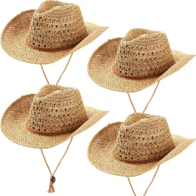4 Pcs Western Cowgirl Cowboy Party Hat Shapeable Wide Brim Classic Sun Woven Straw Hat for Adult Men Women Summer Seashore Family Travel Outdoor, Khaki