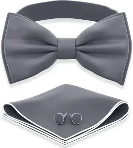 Adam Young Men's Bow Ties with Handkerchief & Cufflinks Pre-Tied Style Formal Satin Classic Bowtie for Tuxedo Faux Silk