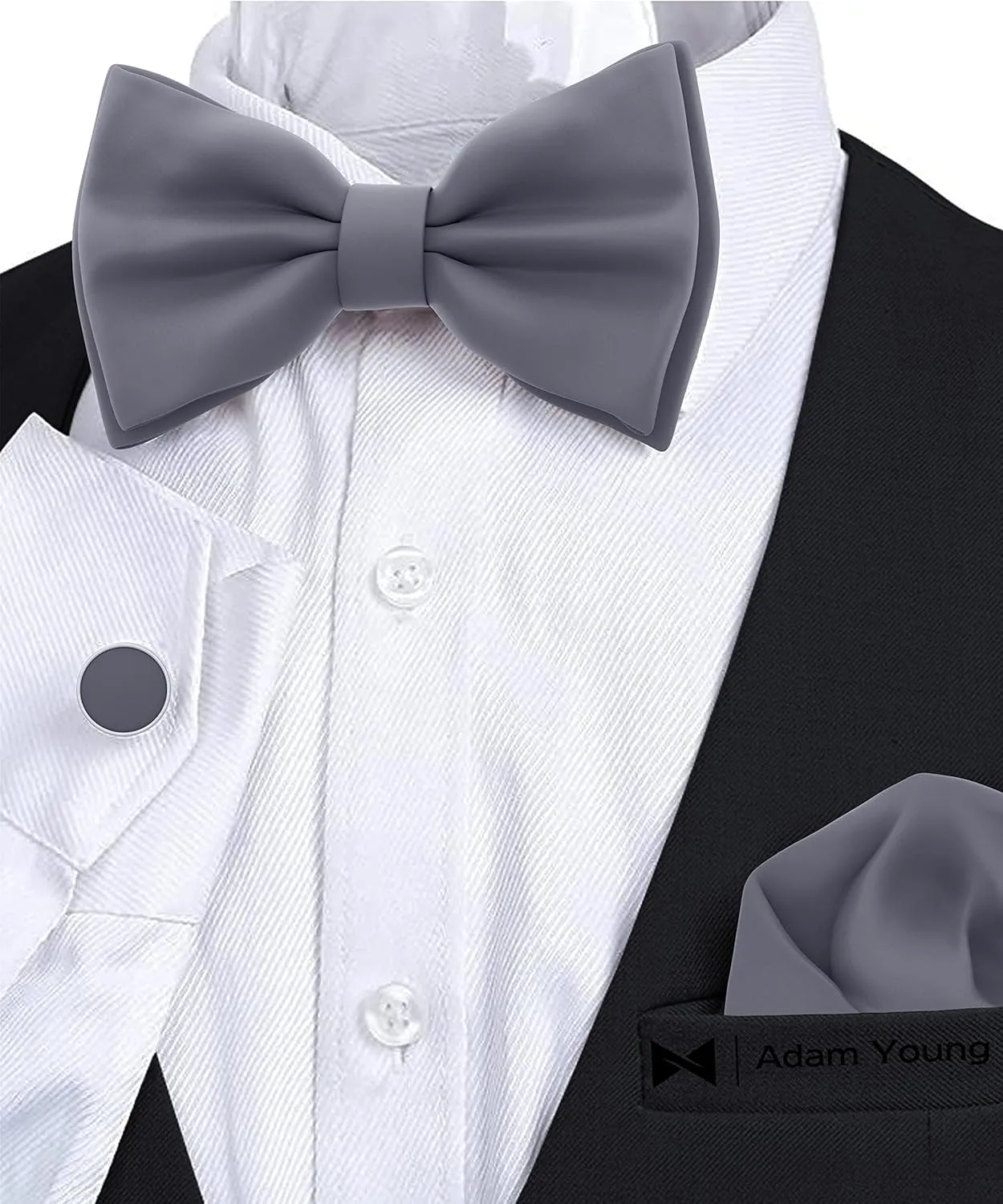 Adam Young Men's Bow Ties with Handkerchief & Cufflinks Pre-Tied Style Formal Satin Classic Bowtie for Tuxedo Faux Silk