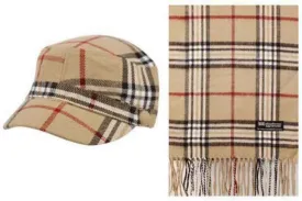Epoch Cashmere Feel Cadet Cap with Soft Scarf in Designer Inspired Plaid, Khaki