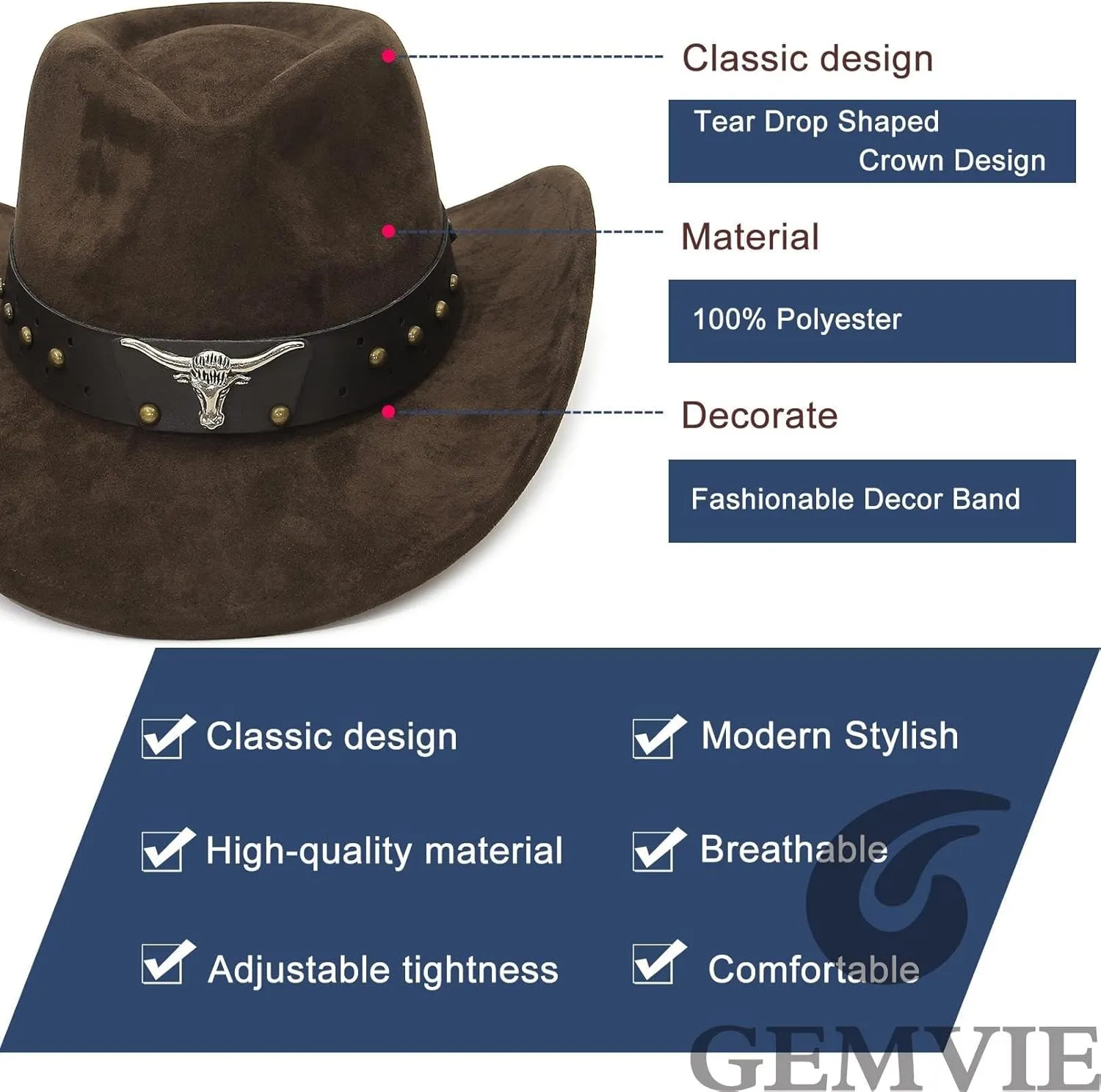 GEMVIE Suede Cowboy Hat for Men Women Roll up Brim Cowgirl Hat Classic Country Cowboy Hat