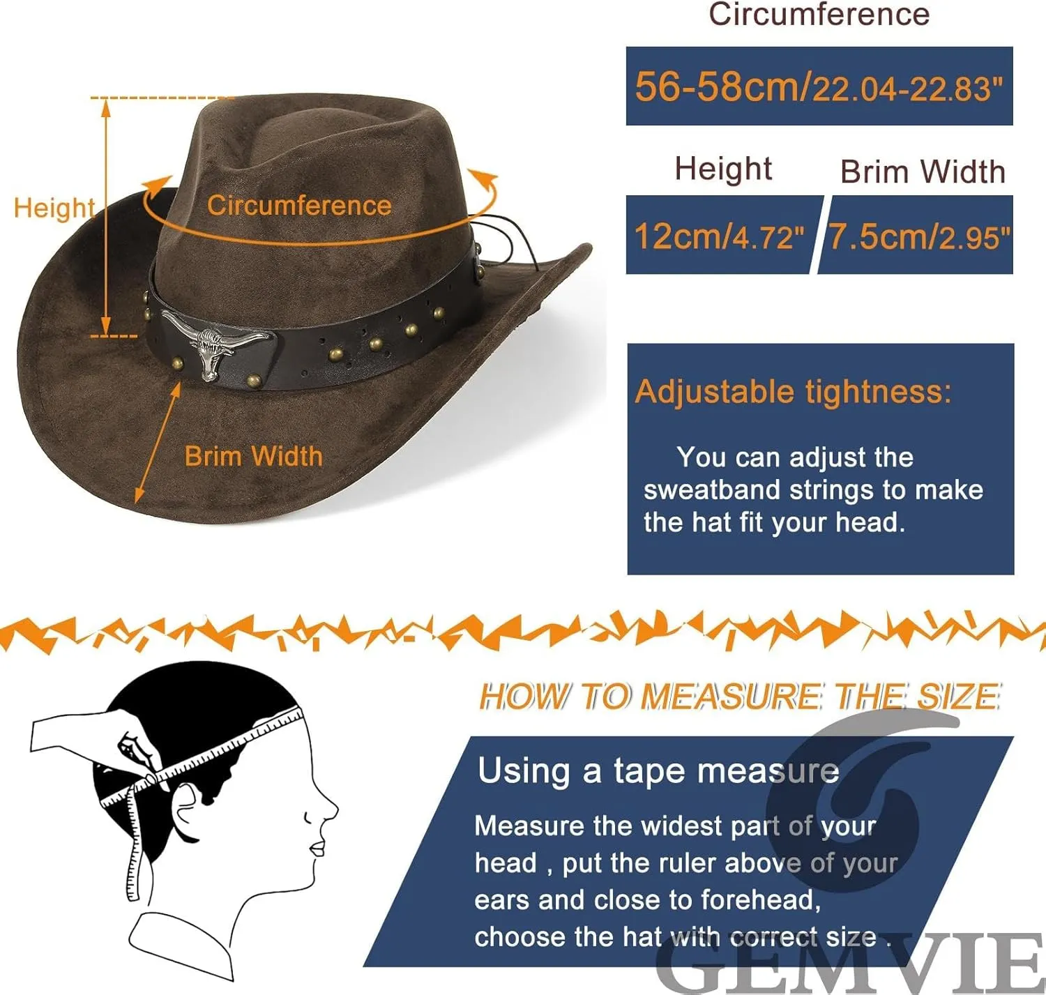 GEMVIE Suede Cowboy Hat for Men Women Roll up Brim Cowgirl Hat Classic Country Cowboy Hat