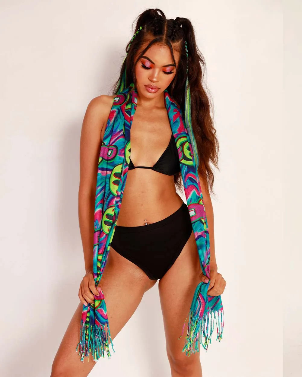 Joyful Happy Hour Acid Yellow Smiley Face Pashmina Scarf