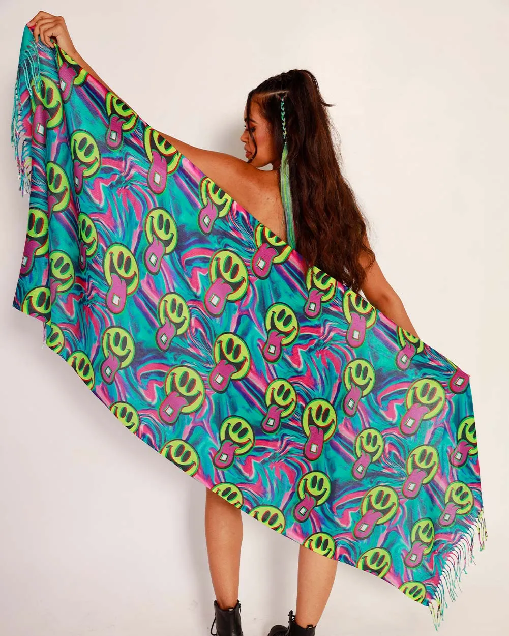 Joyful Happy Hour Acid Yellow Smiley Face Pashmina Scarf