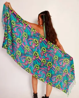 Joyful Happy Hour Acid Yellow Smiley Face Pashmina Scarf