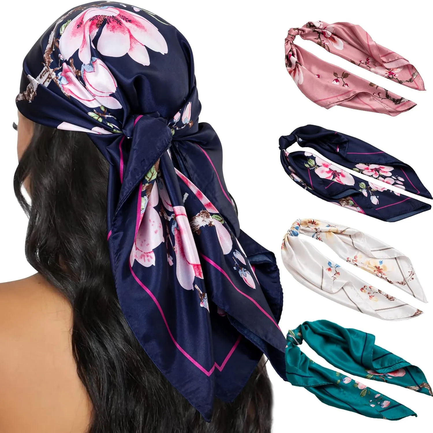 HBselect 4PCS Head Scarf for Women 35 Head Scarves Silk Like Satin Neck Scarfs Square Bandana Hair Wraps Scarf for Sleeping