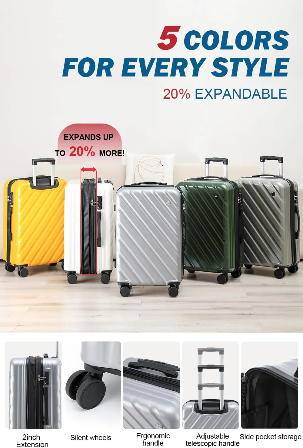 HotWay 24 Inch Expandable Checked In Luggage, Lightweight Hardshell Luggage with Spinner Wheels, Green
