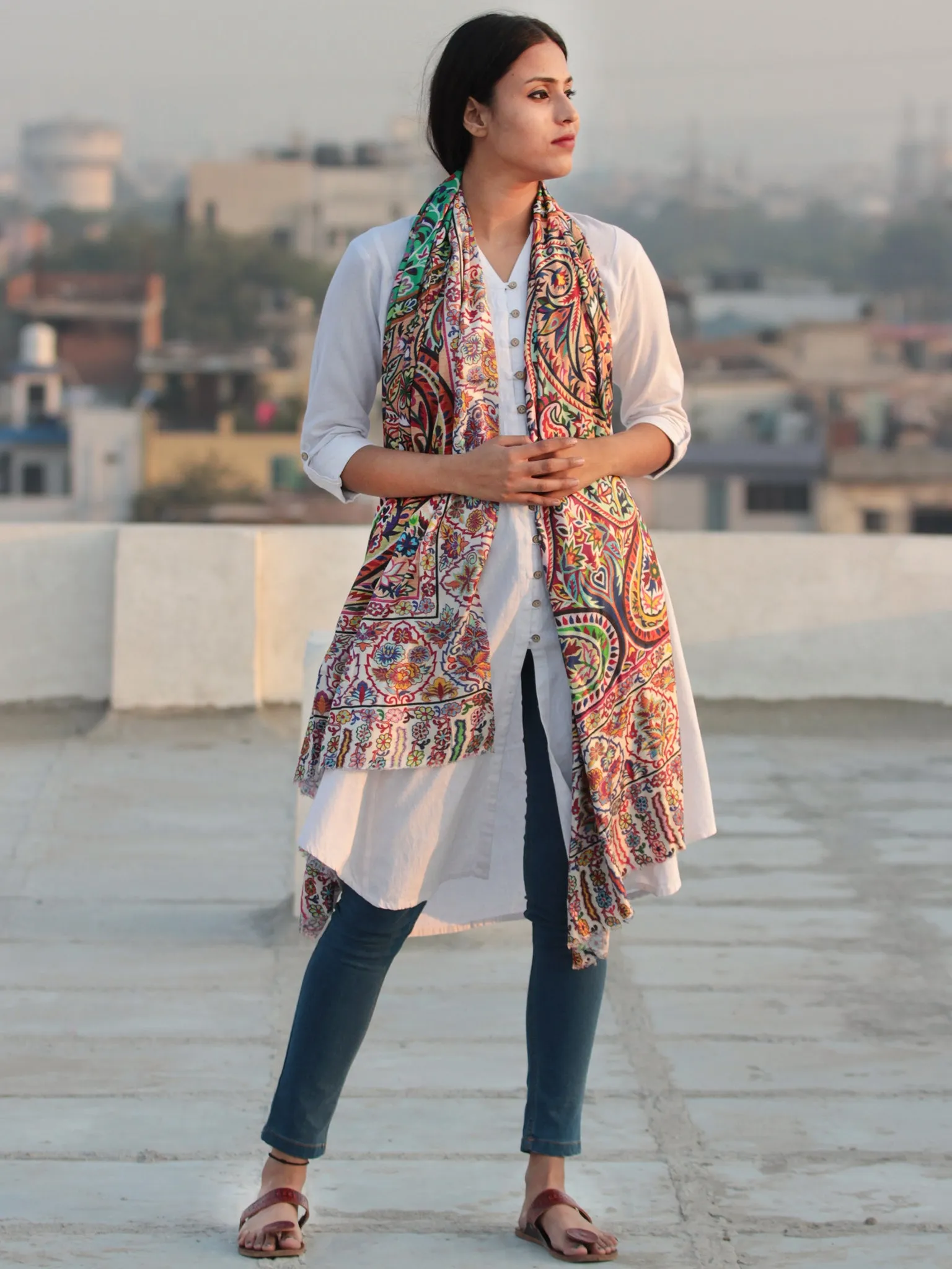 Ivory Multi Color Digital Print Modal Silk Woollen Kashmiri Shawl - S200530