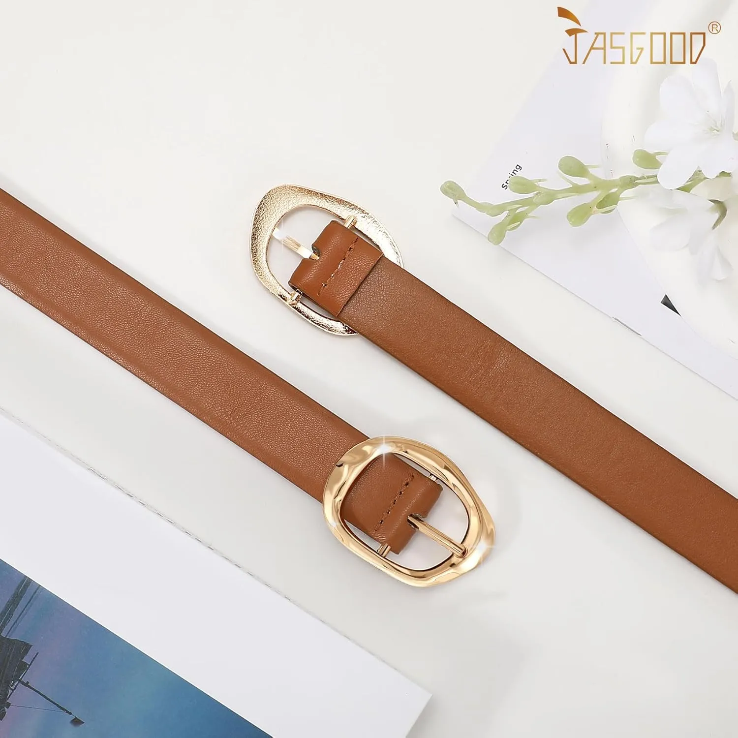JASGOOD Women Leather Belt for Jeans Pants Ladies Casual Waist Belt Fashion Women Belt with Gold Buckle