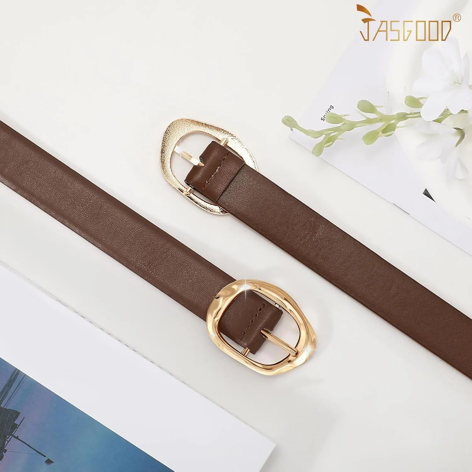 JASGOOD Women Leather Belt for Jeans Pants Ladies Casual Waist Belt Fashion Women Belt with Gold Buckle