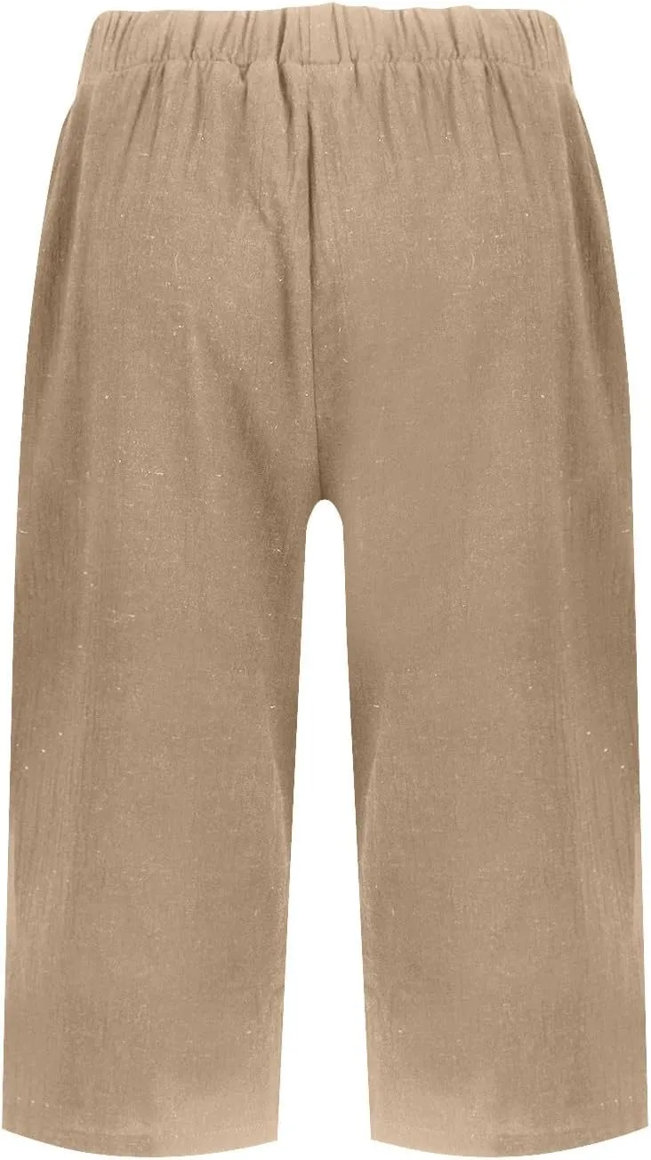 Pedal Pushers for Women Elastic Wasit Linen Shorts Summer Boho Lightweight Baggy Cropped Capris Pants with Pockets
