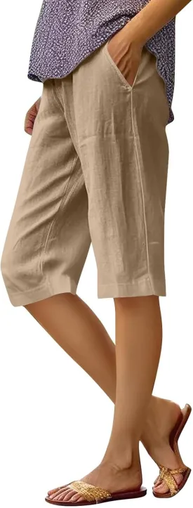 Pedal Pushers for Women Elastic Wasit Linen Shorts Summer Boho Lightweight Baggy Cropped Capris Pants with Pockets