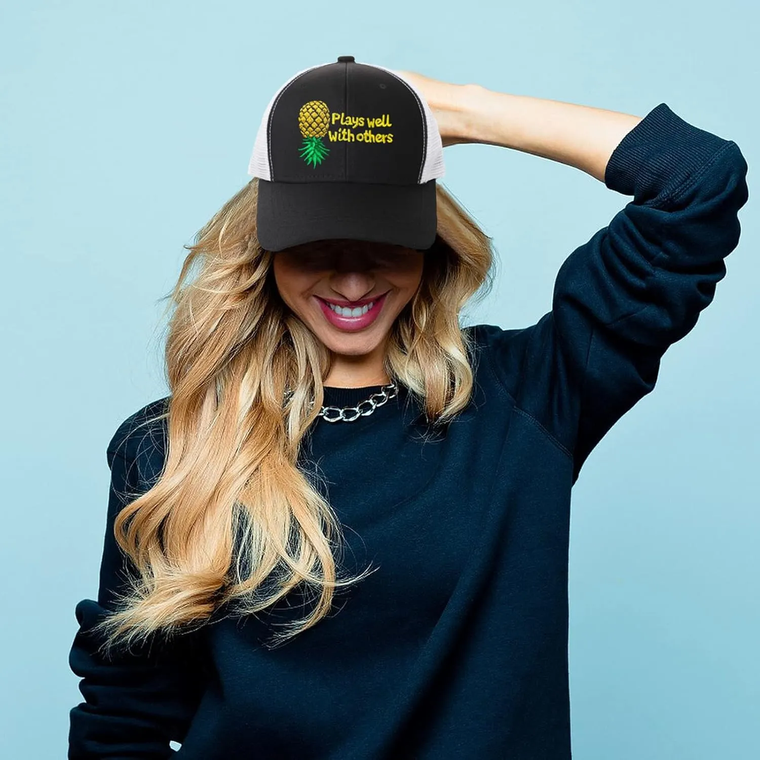 Plays Well with Others Embroidered Baseball Hat Upside Down Pineapple Baseball Cap Adjustable Embroidery Denim Hats
