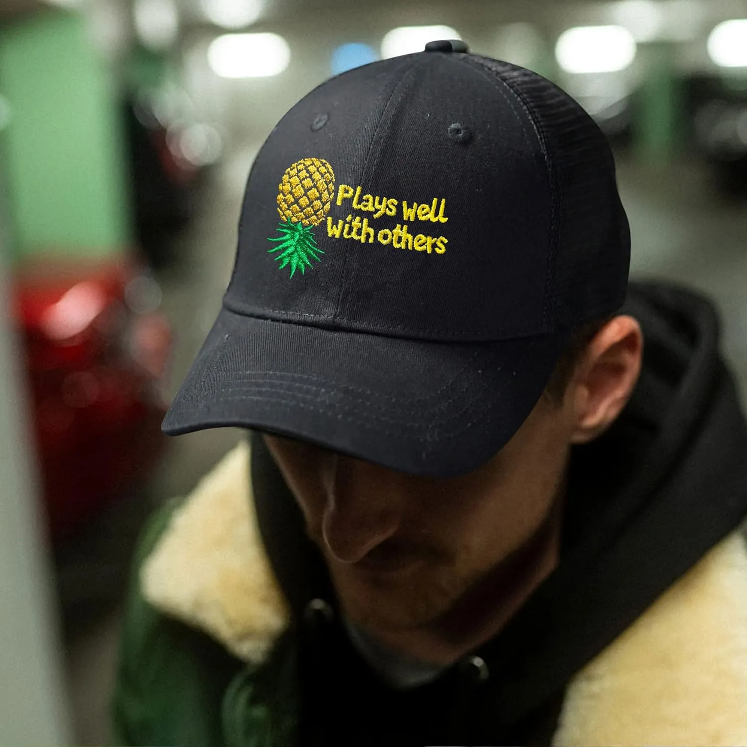 Plays Well with Others Embroidered Baseball Hat Upside Down Pineapple Baseball Cap Adjustable Embroidery Denim Hats
