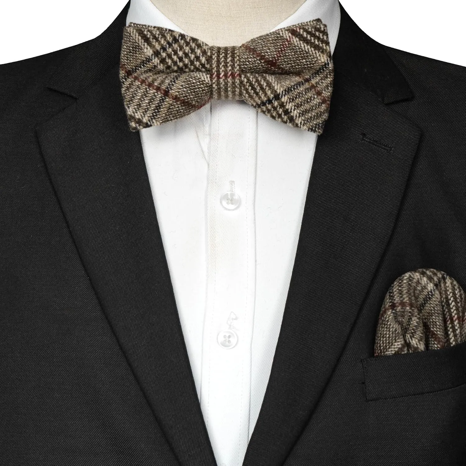 RBOCOTT Wool Pre-tied Bow Tie and Pocket Square Set for Men