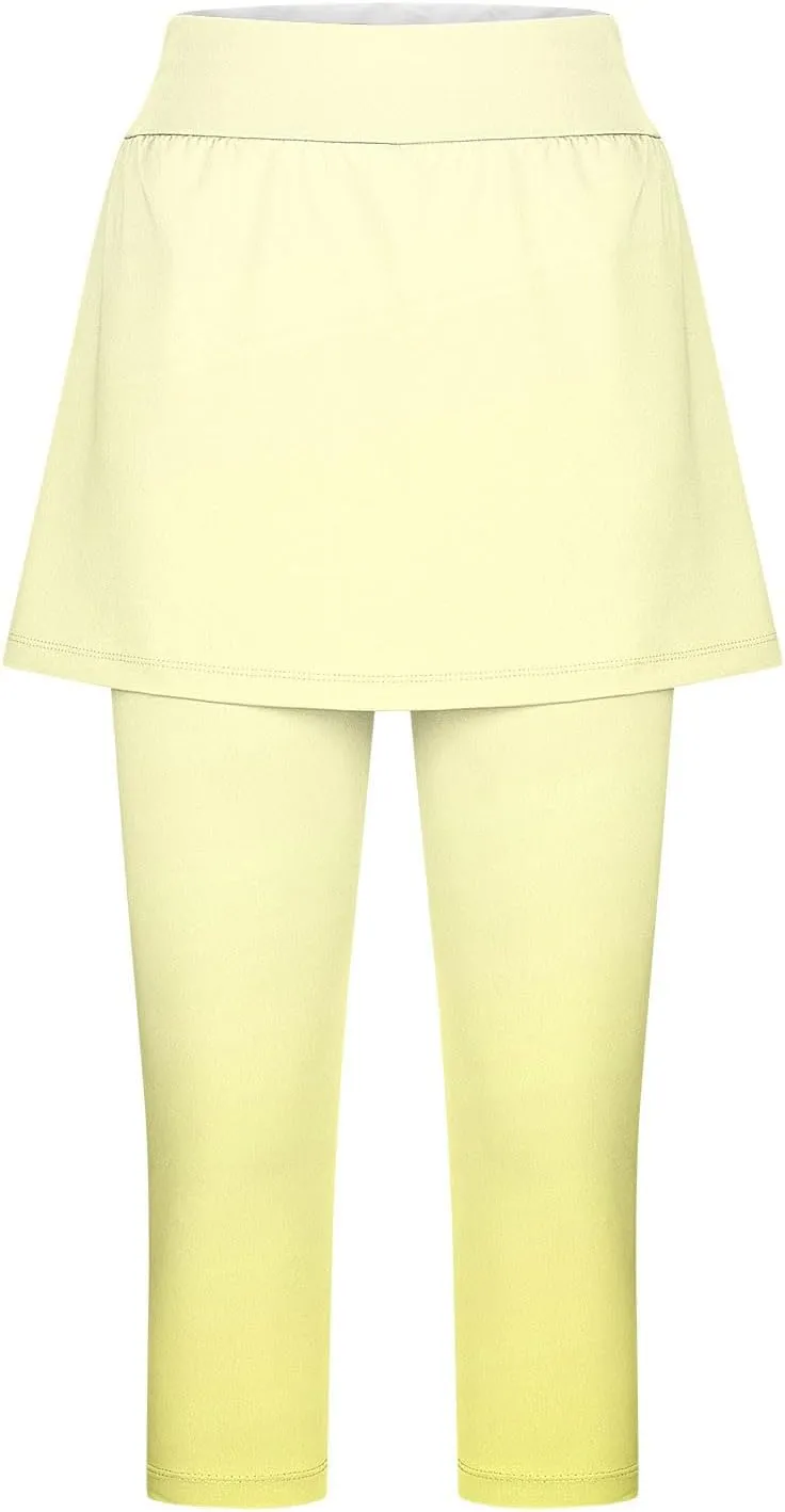 Skirted Leggings for Women Tennis Golf Skorts Capris Gym Yoga Legging with Skirts Gradient Color Workout Capri Pants