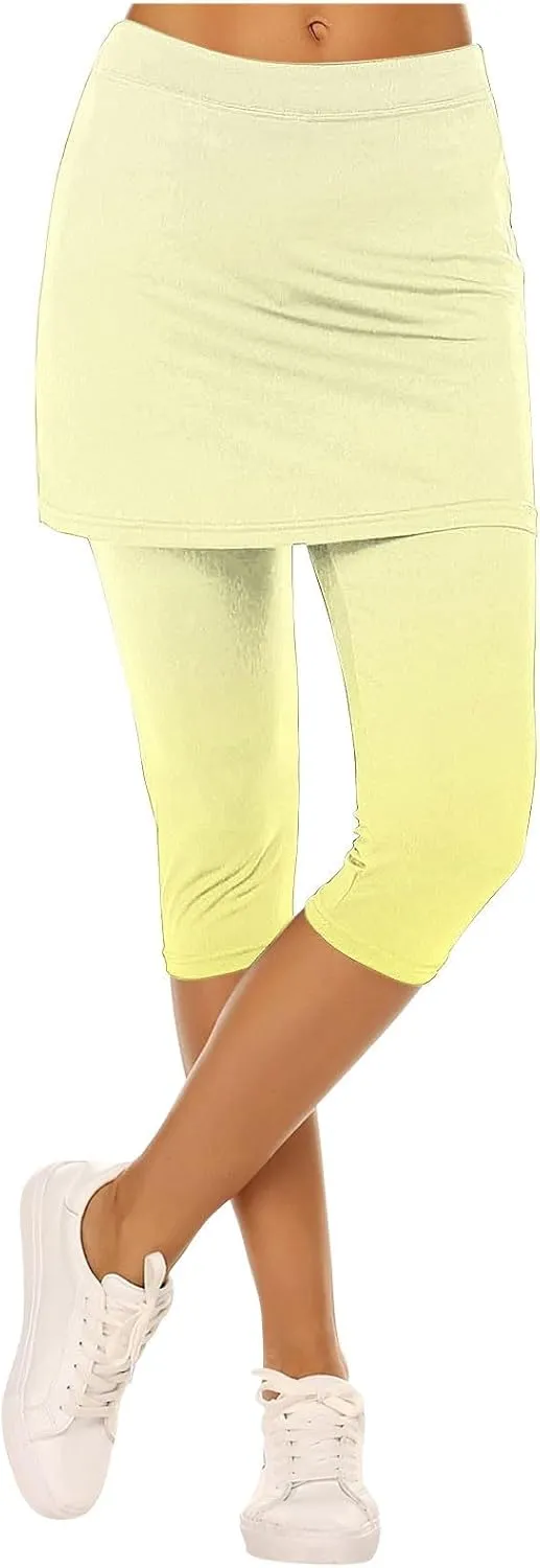 Skirted Leggings for Women Tennis Golf Skorts Capris Gym Yoga Legging with Skirts Gradient Color Workout Capri Pants