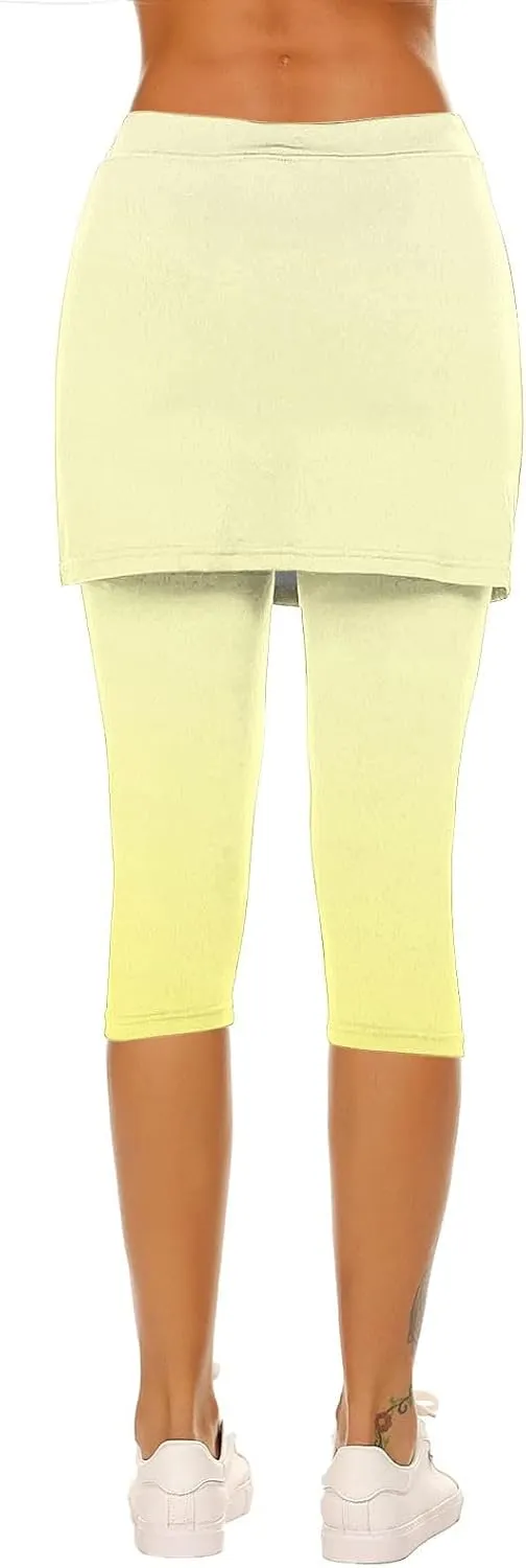 Skirted Leggings for Women Tennis Golf Skorts Capris Gym Yoga Legging with Skirts Gradient Color Workout Capri Pants
