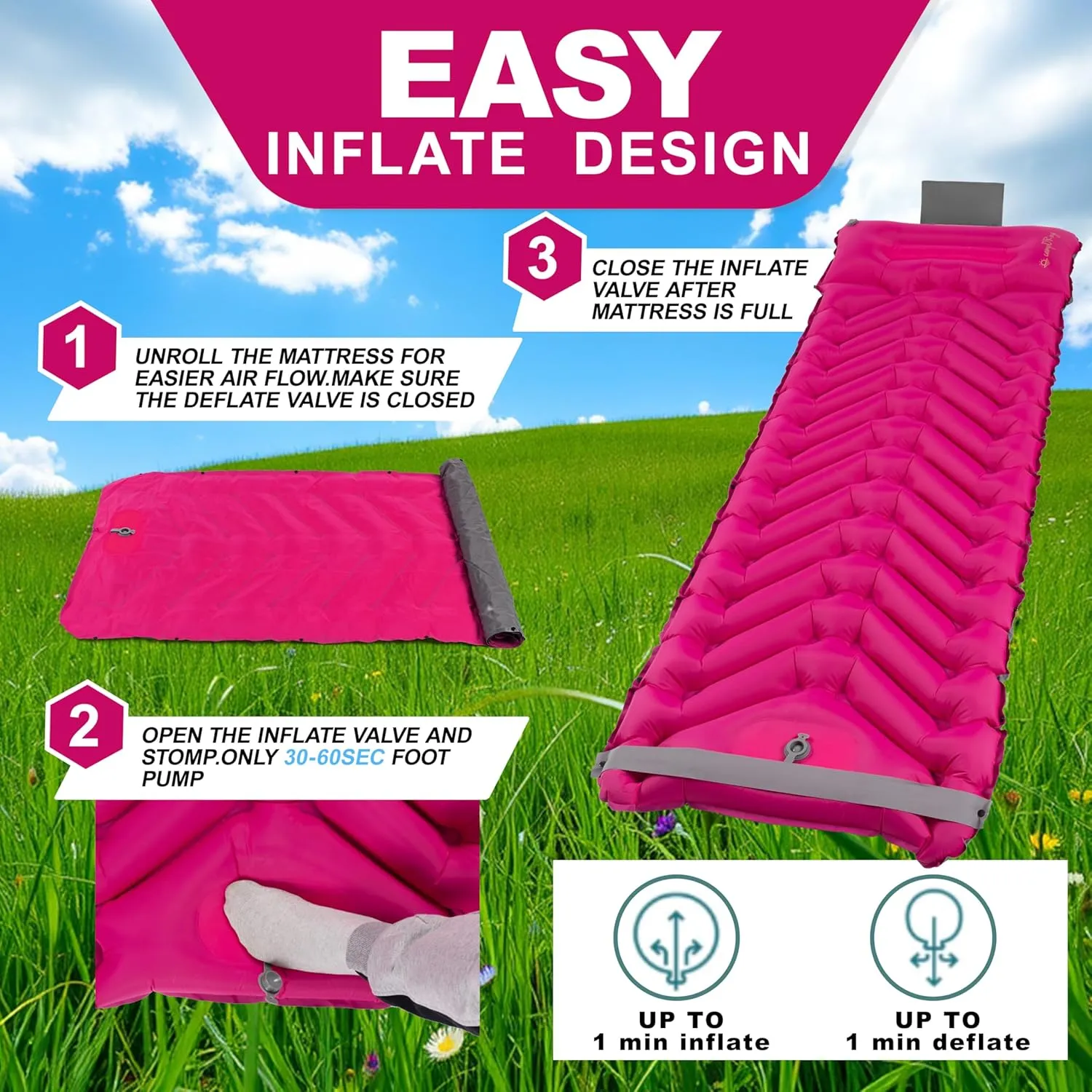 Sleeping Pad with Pillow, Self Inflating Extra-Thick, Ultralight Sleeping Mat, Built-in Pump, Ultimate for Camping, Hiking, Traveling, Airpad, Carry Bag, Compact & Lightweight Air Mattress (Purple)
