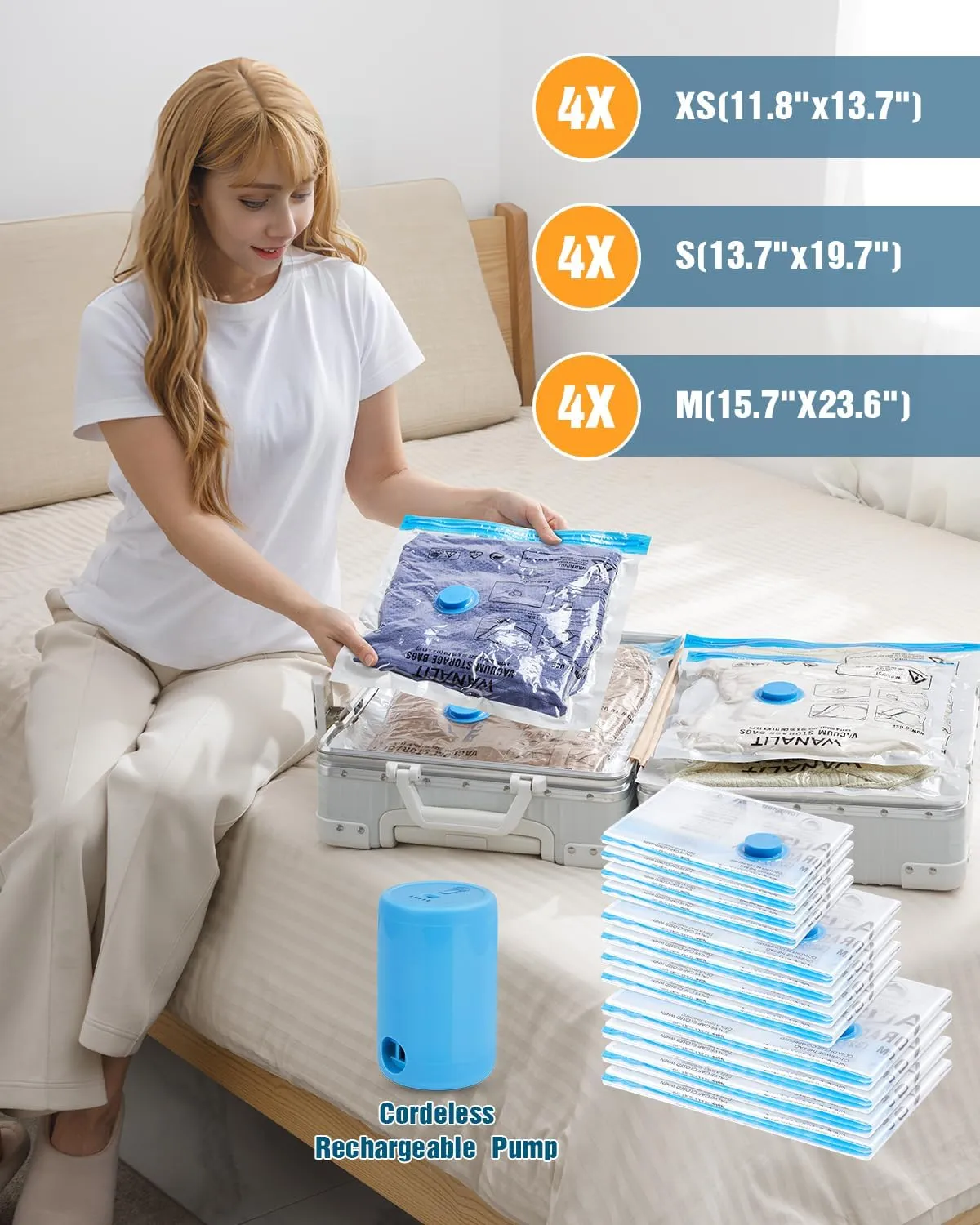 Vacuum Storage Bags for Travel, 12 Pack (4M 4S 4XS) Vacuum Seal Bags with Wireless Rechargeable Electric Pump, Travel Essentials Space Saving Bag for Clothes, Luggage, Carry-on Suitcase, Backpack
