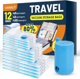 Vacuum Storage Bags for Travel, 12 Pack (4M 4S 4XS) Vacuum Seal Bags with Wireless Rechargeable Electric Pump, Travel Essentials Space Saving Bag for Clothes, Luggage, Carry-on Suitcase, Backpack