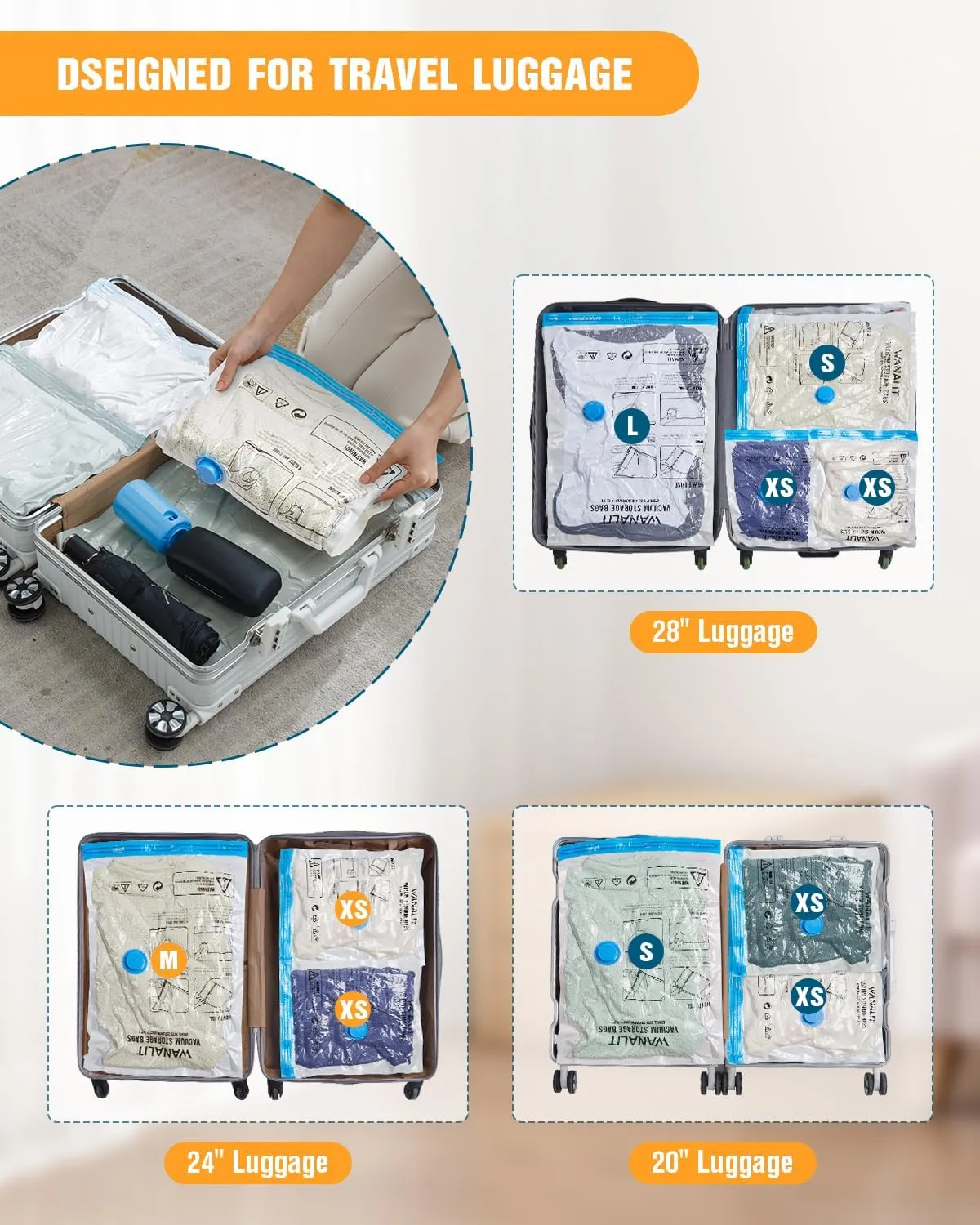 Vacuum Storage Bags for Travel, 12 Pack (4M 4S 4XS) Vacuum Seal Bags with Wireless Rechargeable Electric Pump, Travel Essentials Space Saving Bag for Clothes, Luggage, Carry-on Suitcase, Backpack