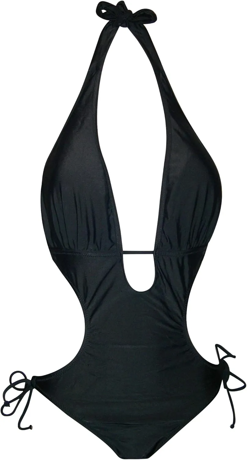 Women's Halter One Piece Monokini Swimsuit Bikini (XL (14), Black)