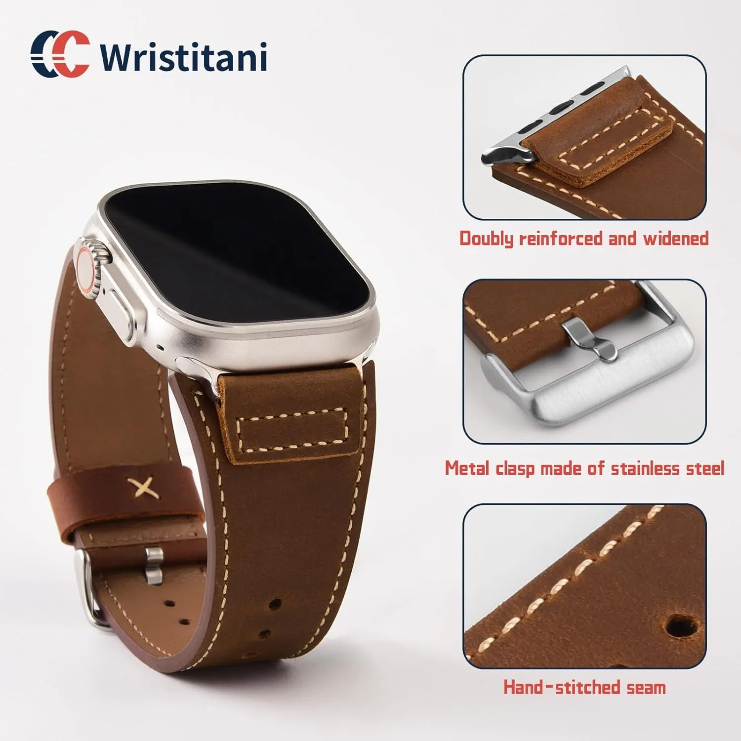 Wristitani Leather Bands Compatible With Apple Watch Band 49mm 46mm 45mm 44mm 42mm 41mm 40mm for Men, Top Genuine Leather Replacement Strap for iWatch Ultra2 Ultra Series 10 9 8 7 SE2 SE 6 5 4 3